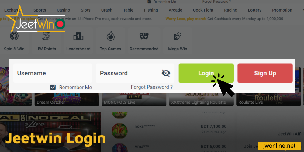 Instructions to log in to your account on Jeetwin