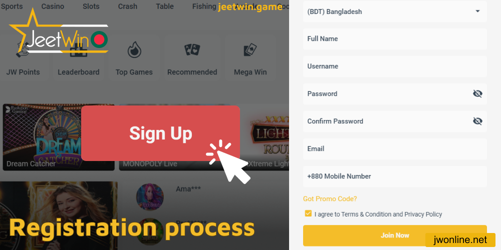 Instructions on creating a new profile in Jeetwin online casino