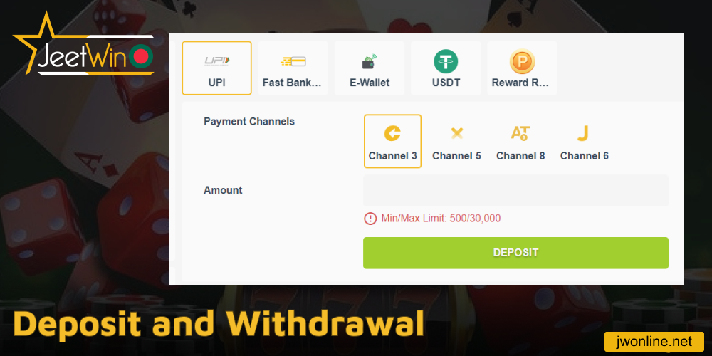 Deposit and withdrawal in Jeetwin online casino