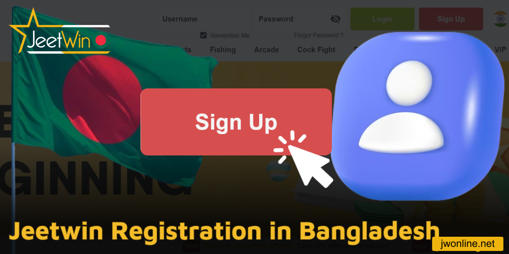 Registration on Jeetwin online casino website in Bangladesh