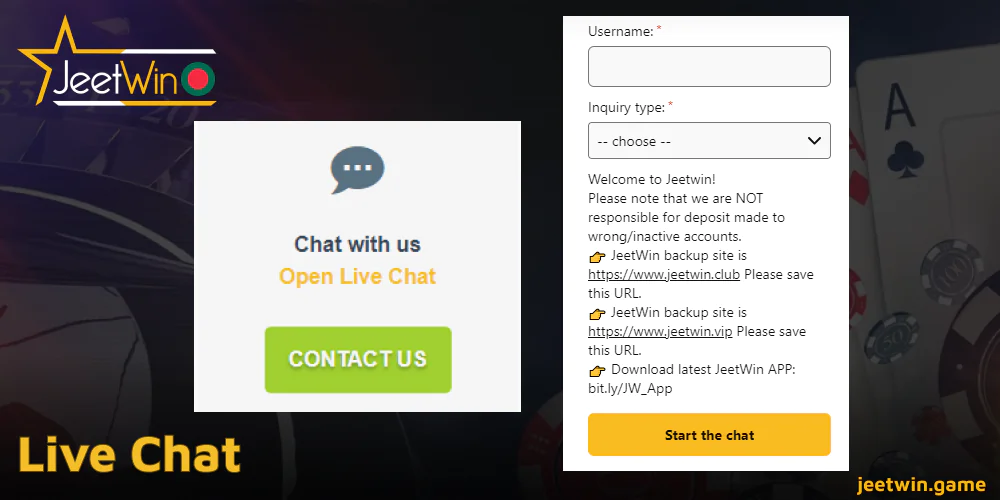 লাইভ চ্যাটের মাধ্যমে Jeetwin এর সাথে যোগাযোগ করার উপায়