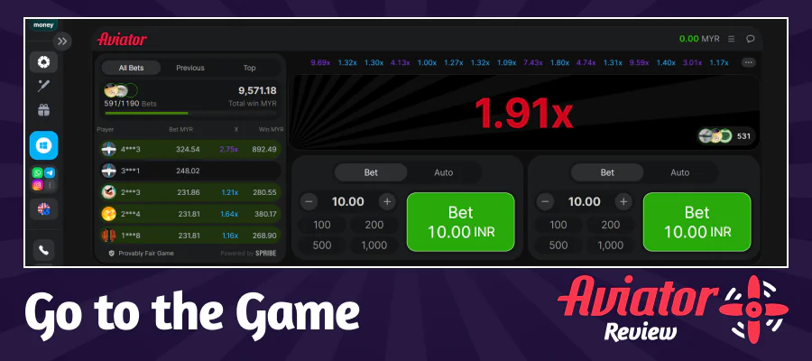 Open the Aviator game on the casino's website