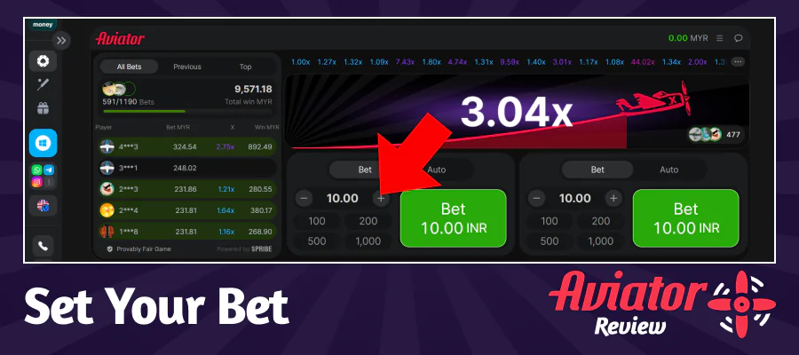 Set your bet in the Aviator game