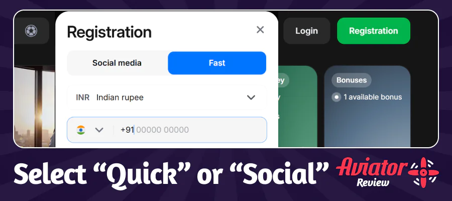 Select either the 'Quick' or 'Social' registration method on 1win